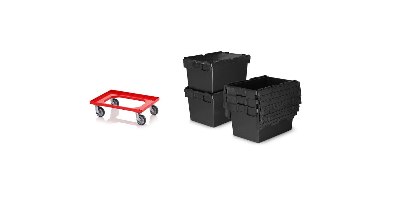 5 x 80L Extra Large Attached Lid Container Original Totebox - (710 x 460 x 368h mm) with Dolly *Special Offer*